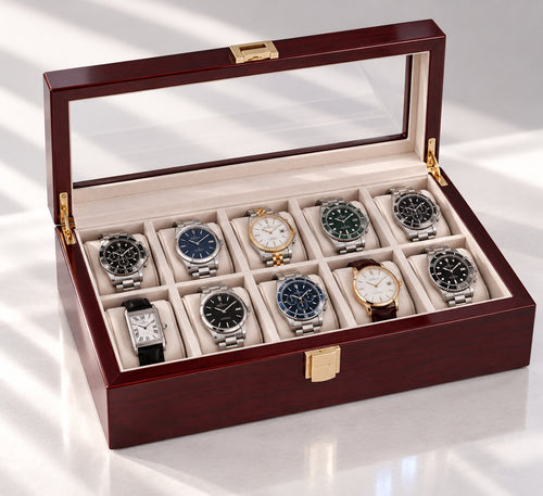 Coffret ouvert, dix montres réparties sur deux rangées