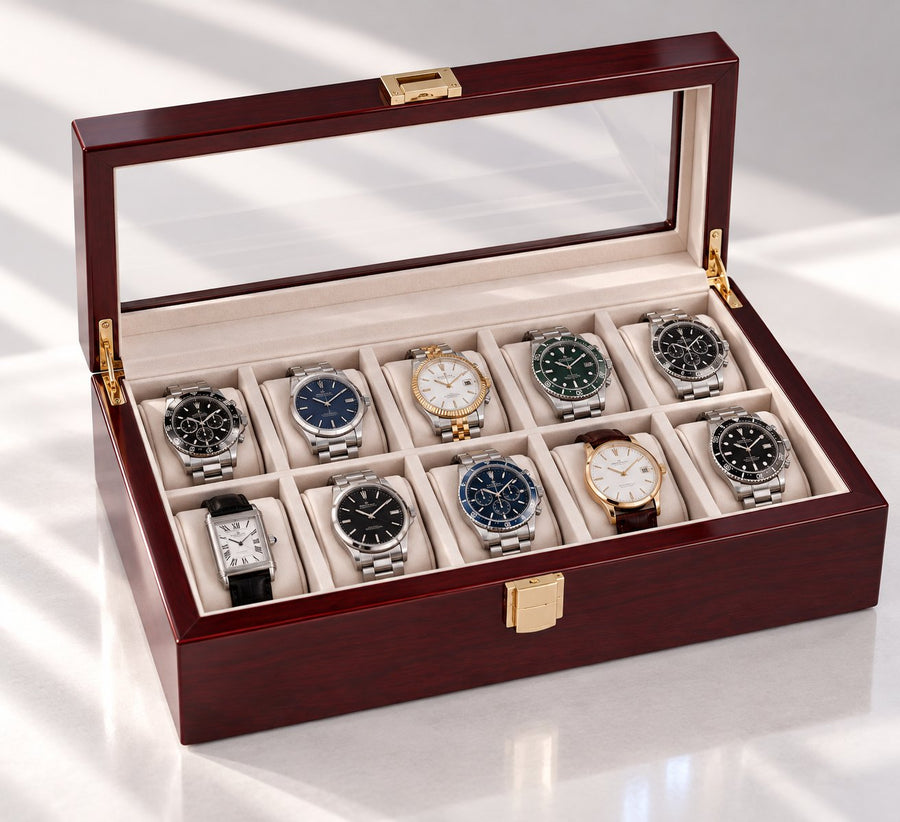 Coffret ouvert, dix montres réparties sur deux rangées