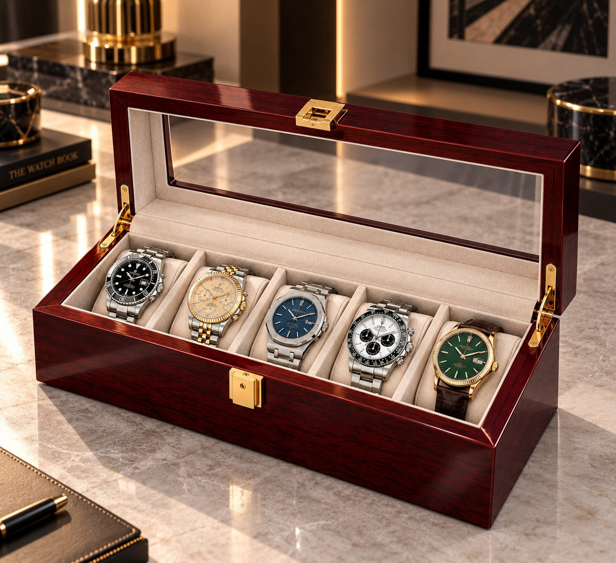 Cinq montres en place, vue rapprochée, fond de livres