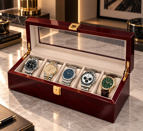 Cinq montres en place, vue rapprochée, fond de livres