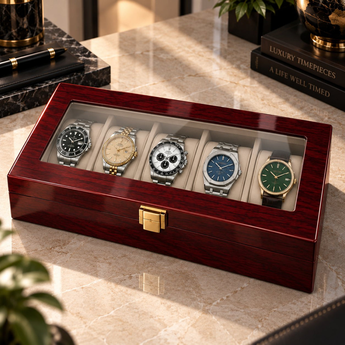 Vue en hauteur sur les cinq montres, couvercle ouvert