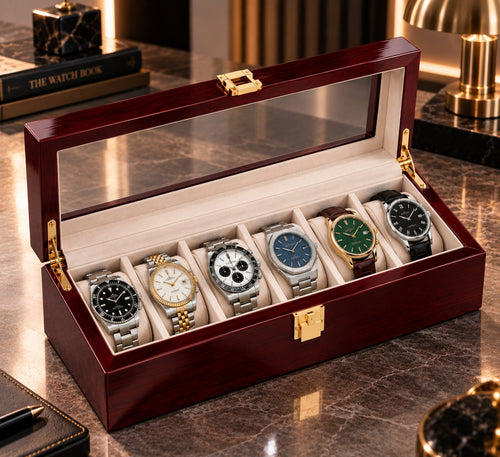 Six montres en place, vue d'angle, couvercle relevé