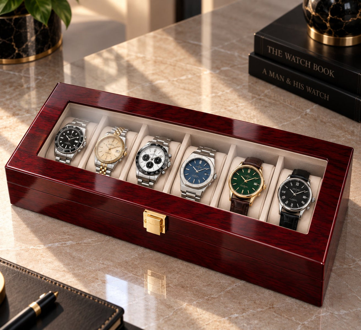 Vue de dessus sur les six montres, couvercle ouvert