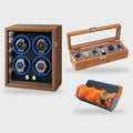 Le remontoir 4 montres en bois vitré, la boîte 6 places en bambou et l'étui de voyage 3 montres, réunis sur fond clair.