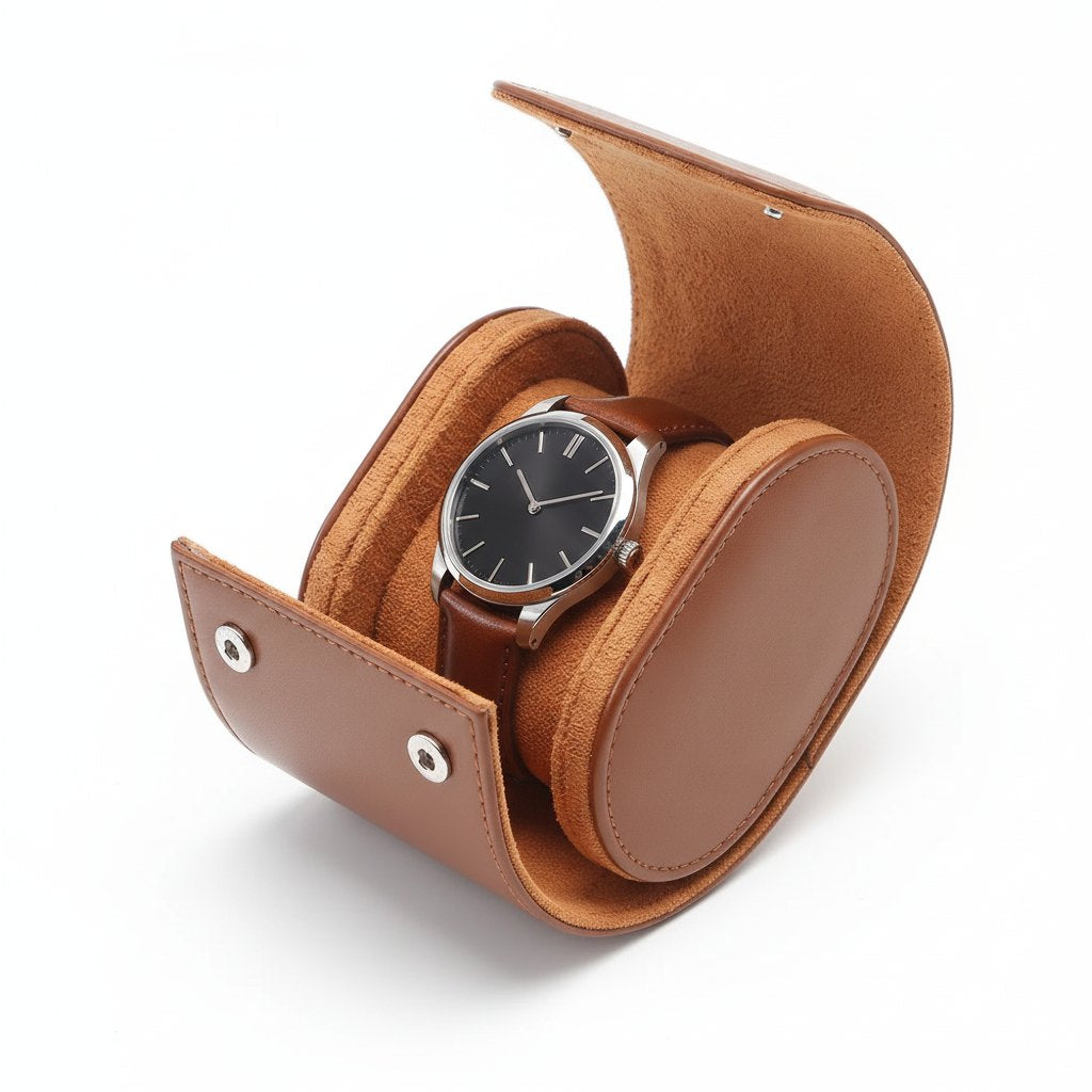 Étui ouvert, montre bracelet acier posée sur son coussin cognac.