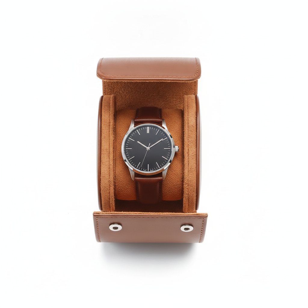 Étui ouvert vu de dessus, montre bracelet cuir logée dans son coussin.