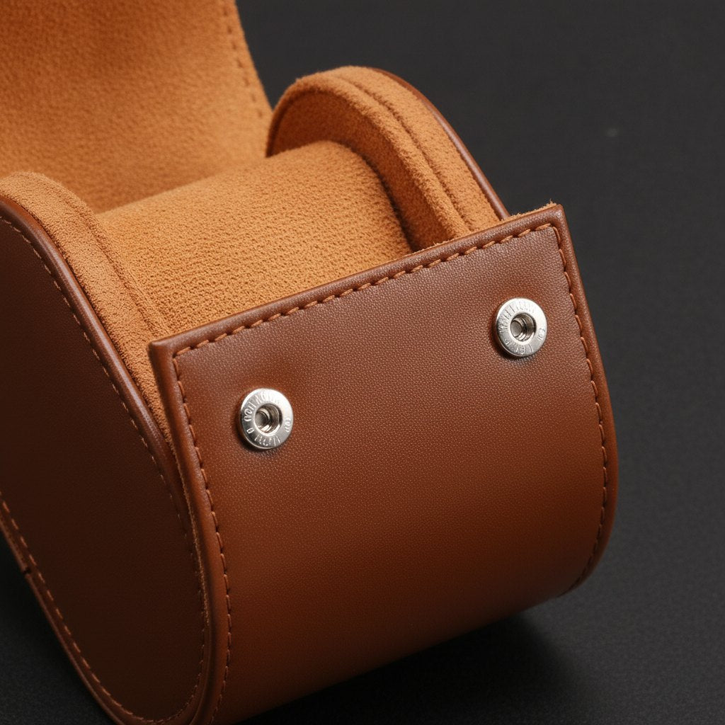 Gros plan sur le simili-cuir cognac et les boutons pression métalliques.