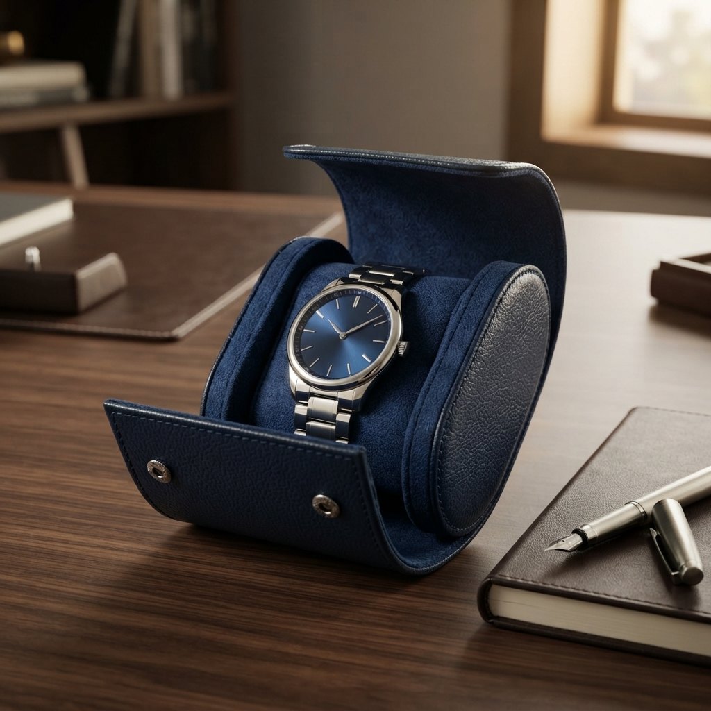 Étui ouvert posé sur un bureau en bois, montre à l'intérieur, carnet et stylo à côté.
