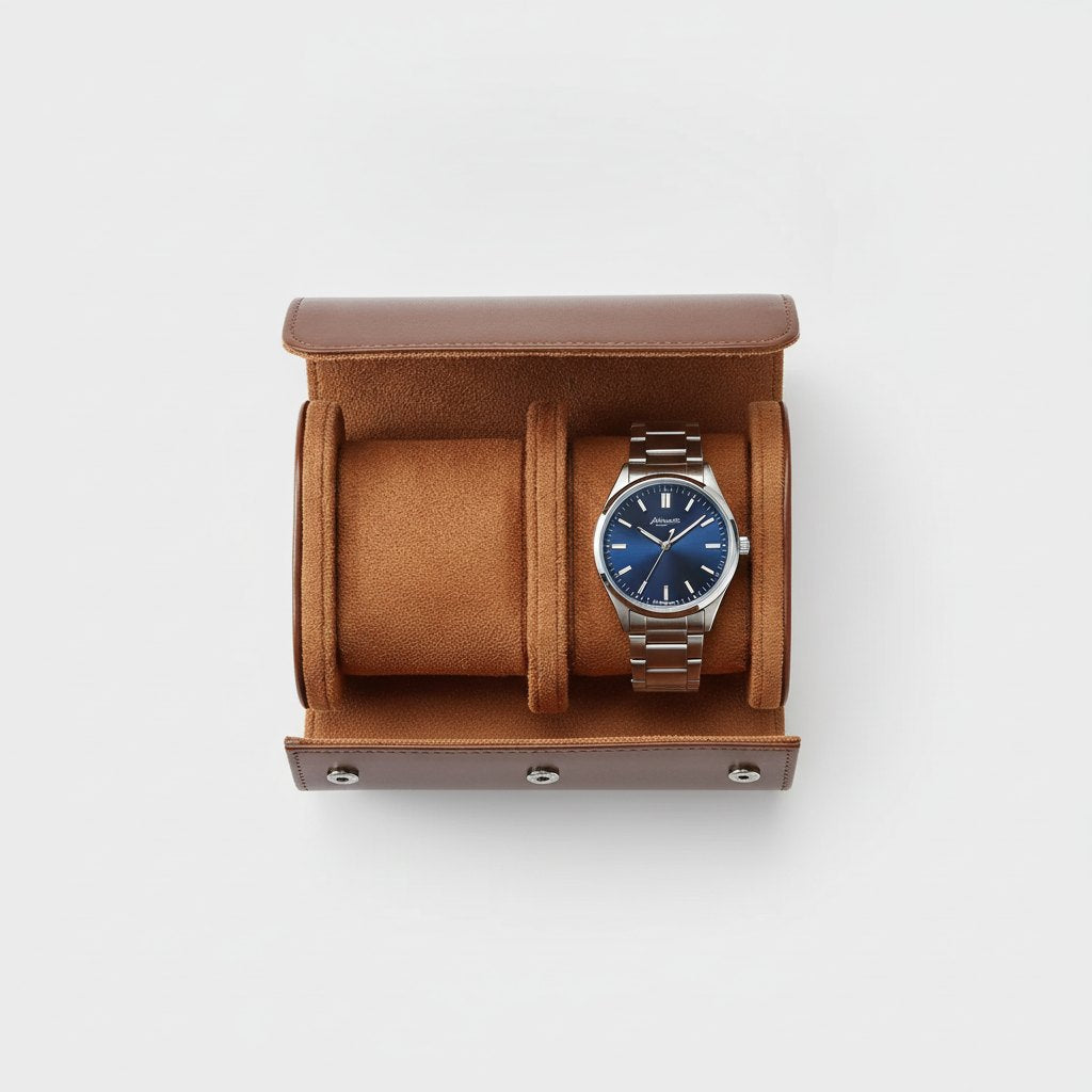 Étui ouvert vu de dessus, montre à cadran bleu dans son compartiment.