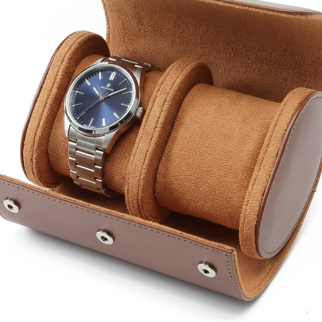 Gros plan sur un compartiment doublé de suédine, montre bracelet acier en place.
