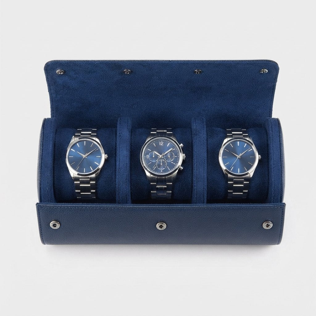 Étui ouvert vu de dessus, trois montres côte à côte dans leurs berceaux en suédine bleu marine.