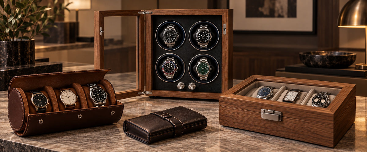 Remontoir quatre montres ouvert, étui de voyage en cuir et boîte à montres en noyer posés sur un plateau de marbre