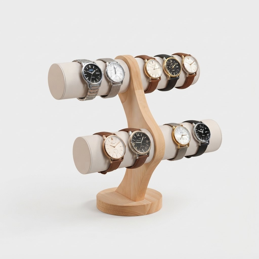 Présentoir en bois clair, huit montres réparties sur les deux barres superposées.
