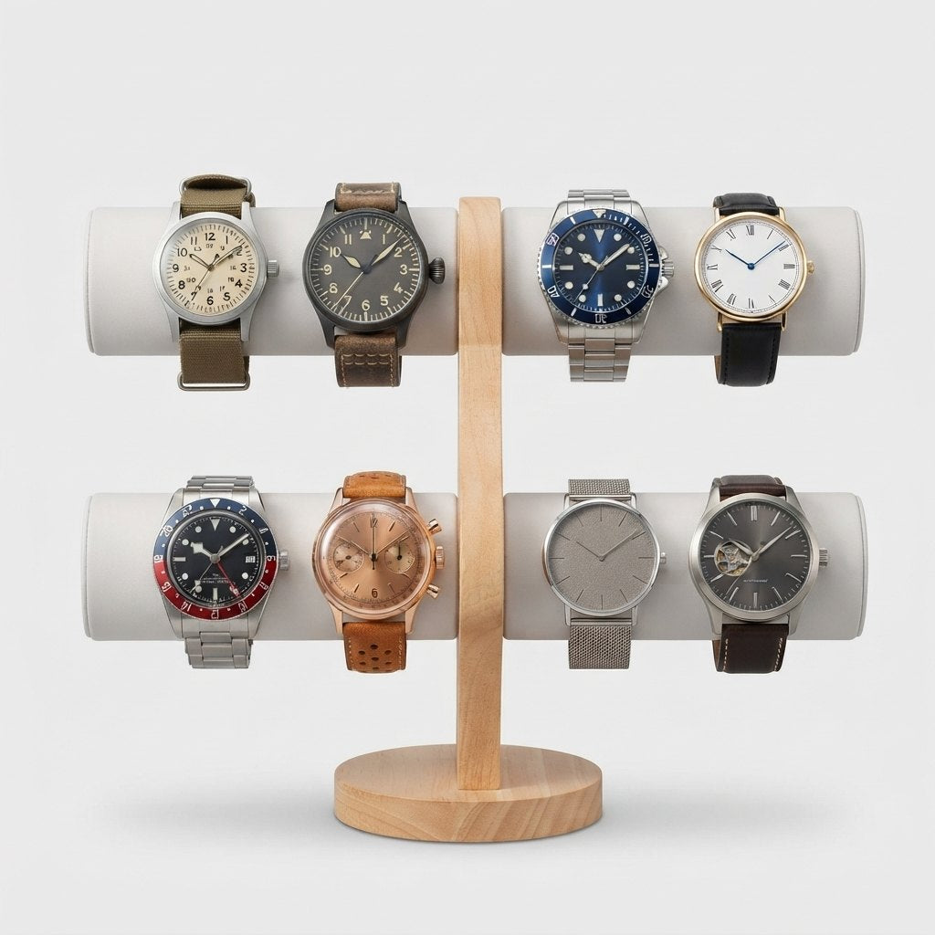 Présentoir de face avec huit montres, cadrans variés, bracelets cuir et acier.