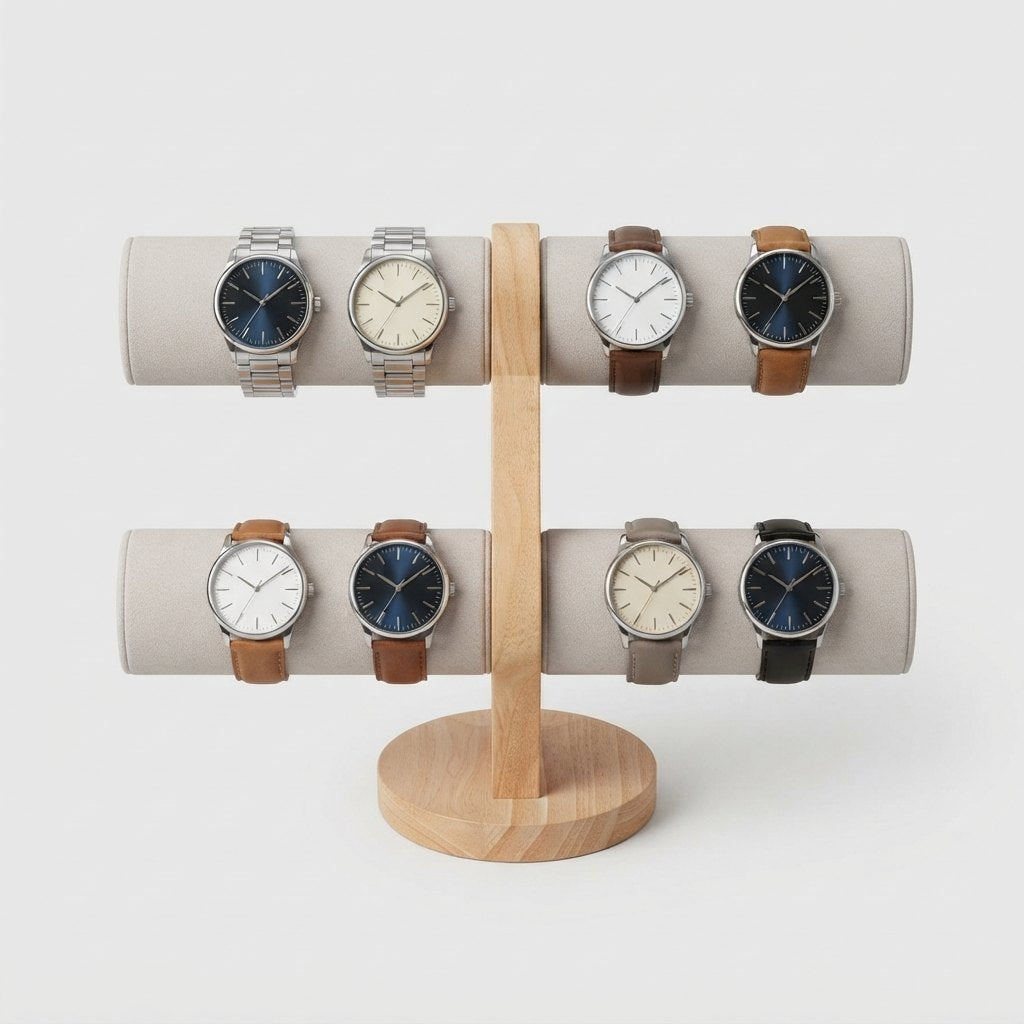 Présentoir vu de haut, huit montres posées sur les deux barres.