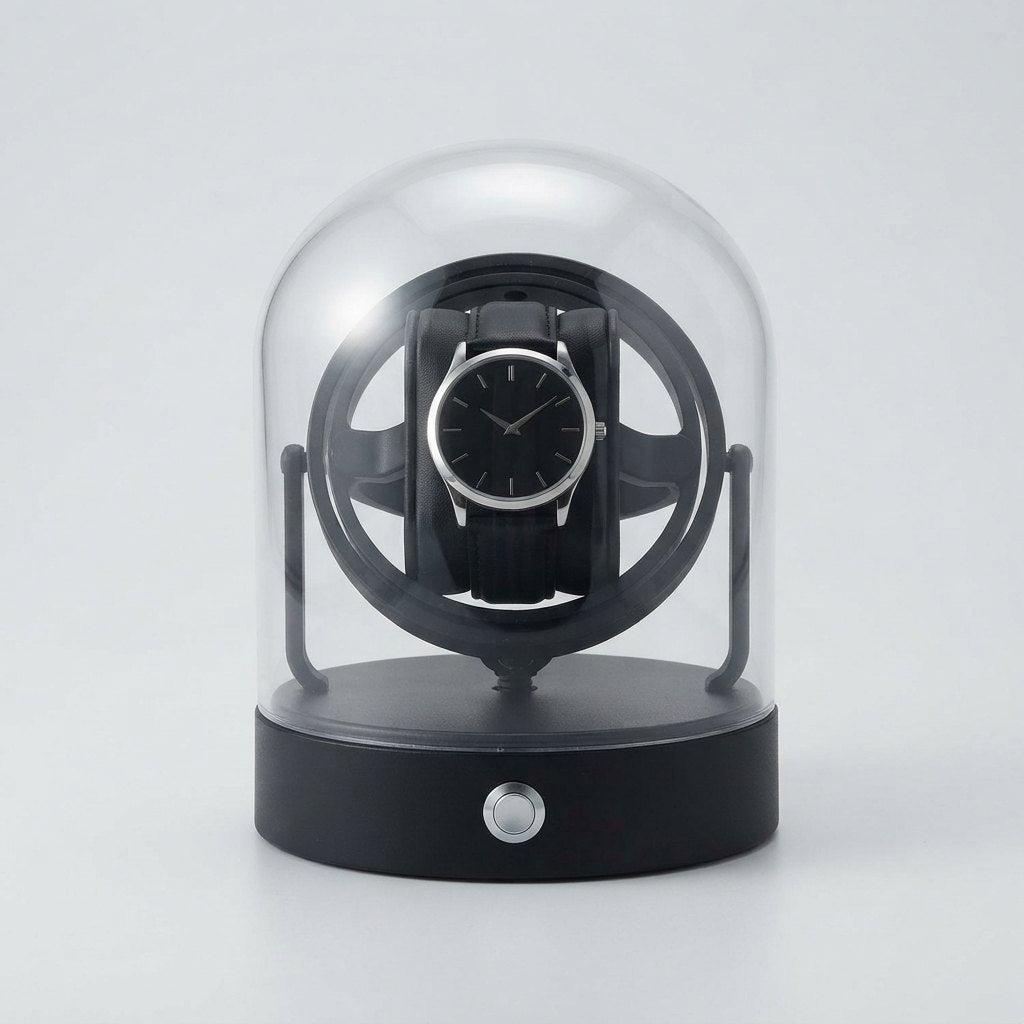 Cardan noir sous cloche de verre, montre vue de face, fond clair.