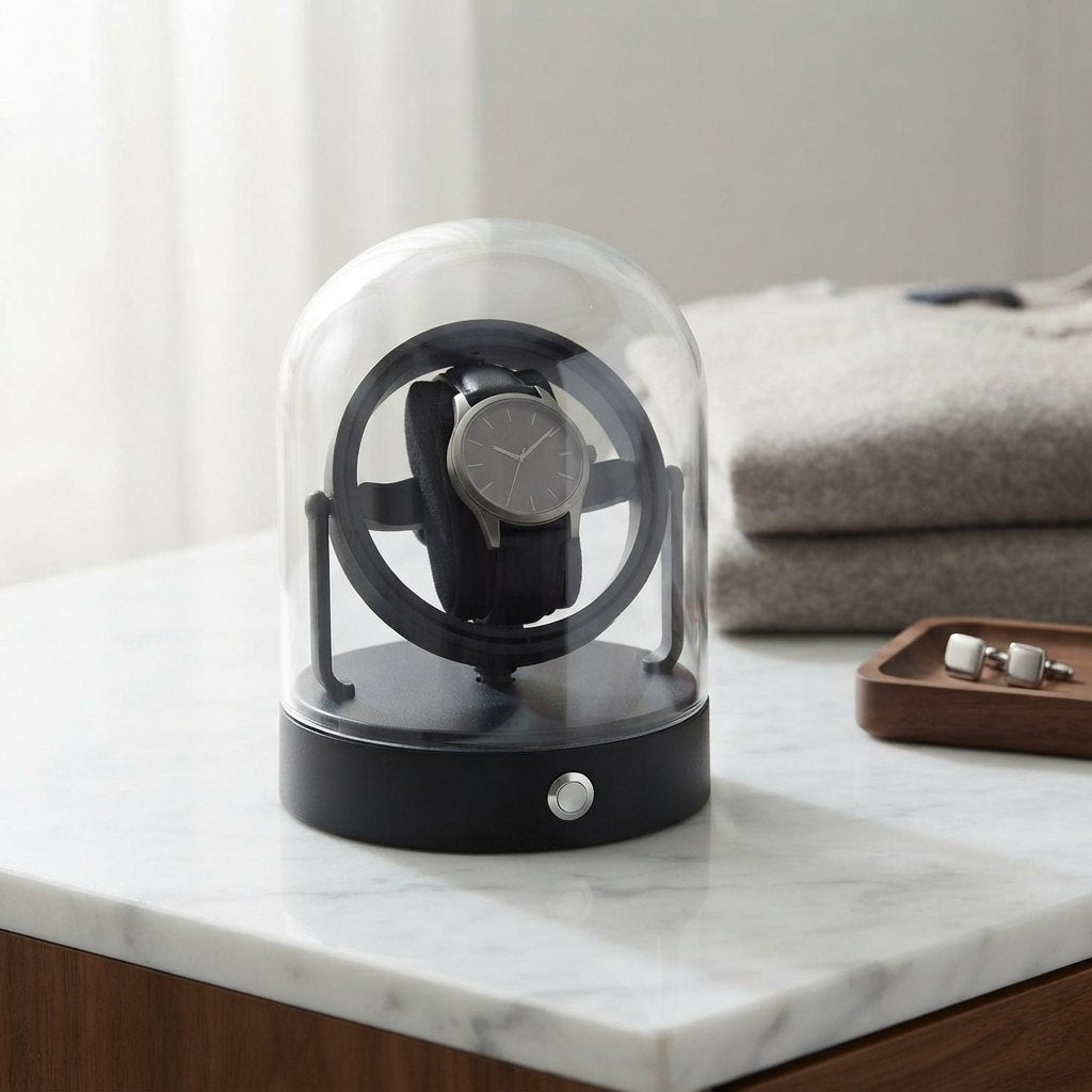 Cloche à cardan noir posée sur un plan en marbre, à côté d'un pull plié et de boutons de manchette.