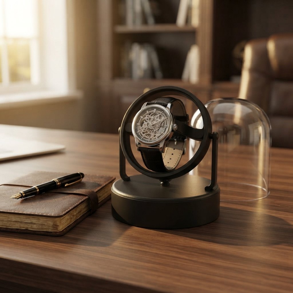 Cloche retirée, cardan noir à découvert sur un bureau en bois, montre squelette.