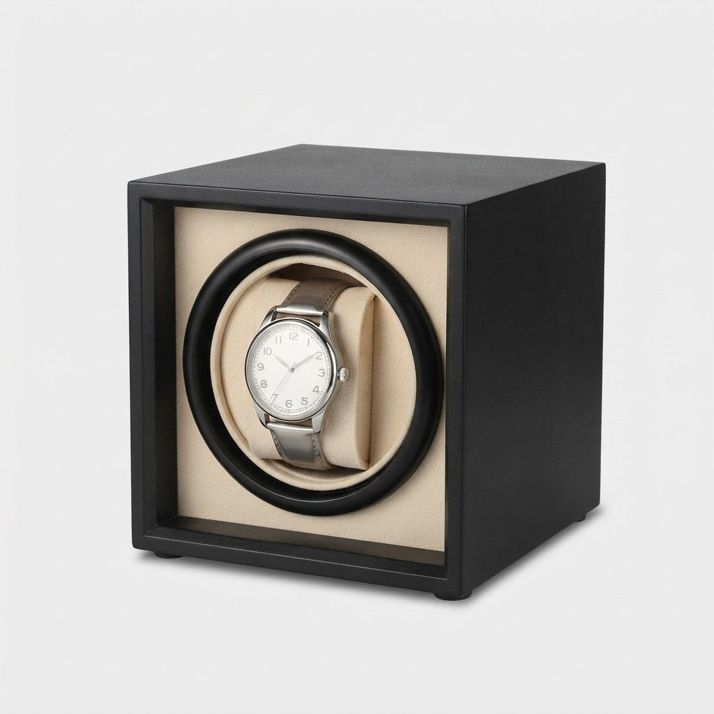 Cube noir mat, coussin crème, montre en place, vue de trois quarts, fond clair.