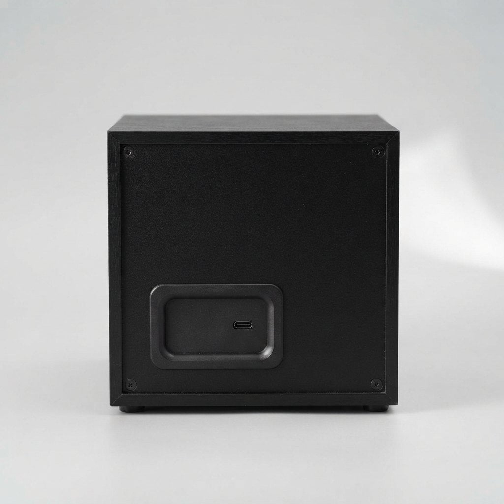 Dos du boîtier noir mat avec le port USB-C, fond clair.