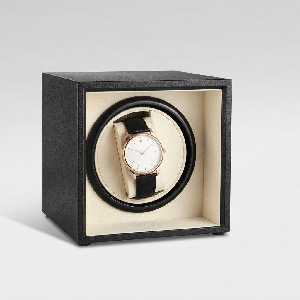 Cube noir mat, coussin crème, montre installée, fond sombre.