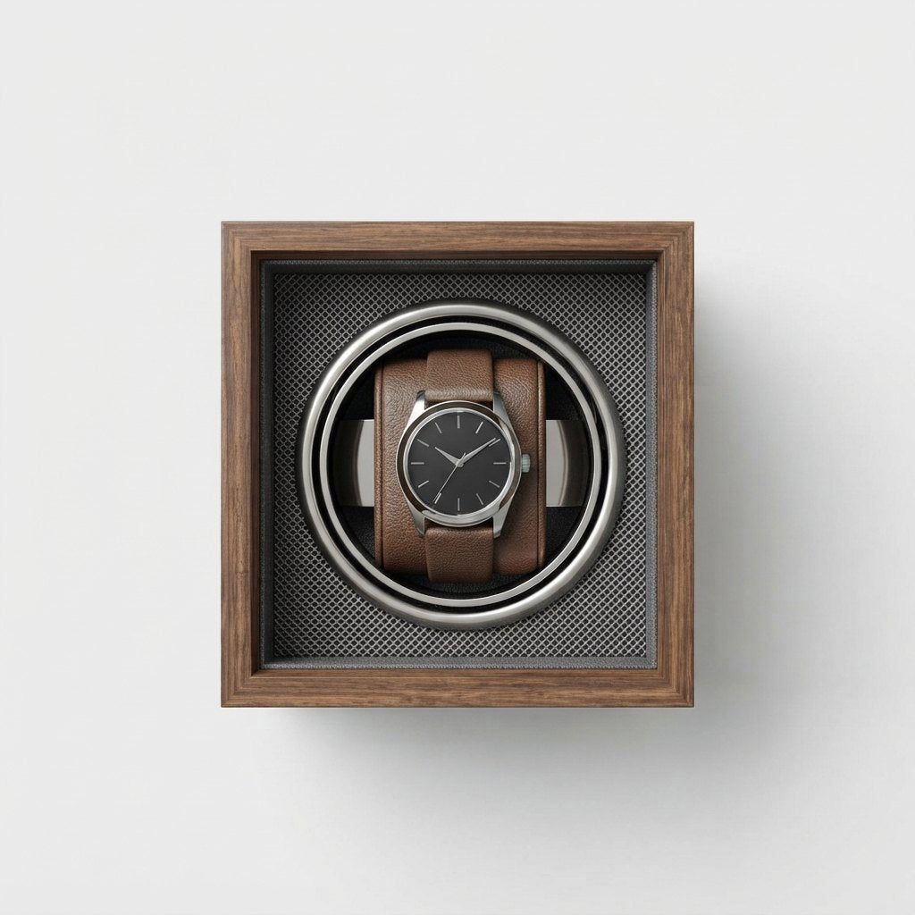 Cube noyer vu en plongée, montre dans le coussin noir.