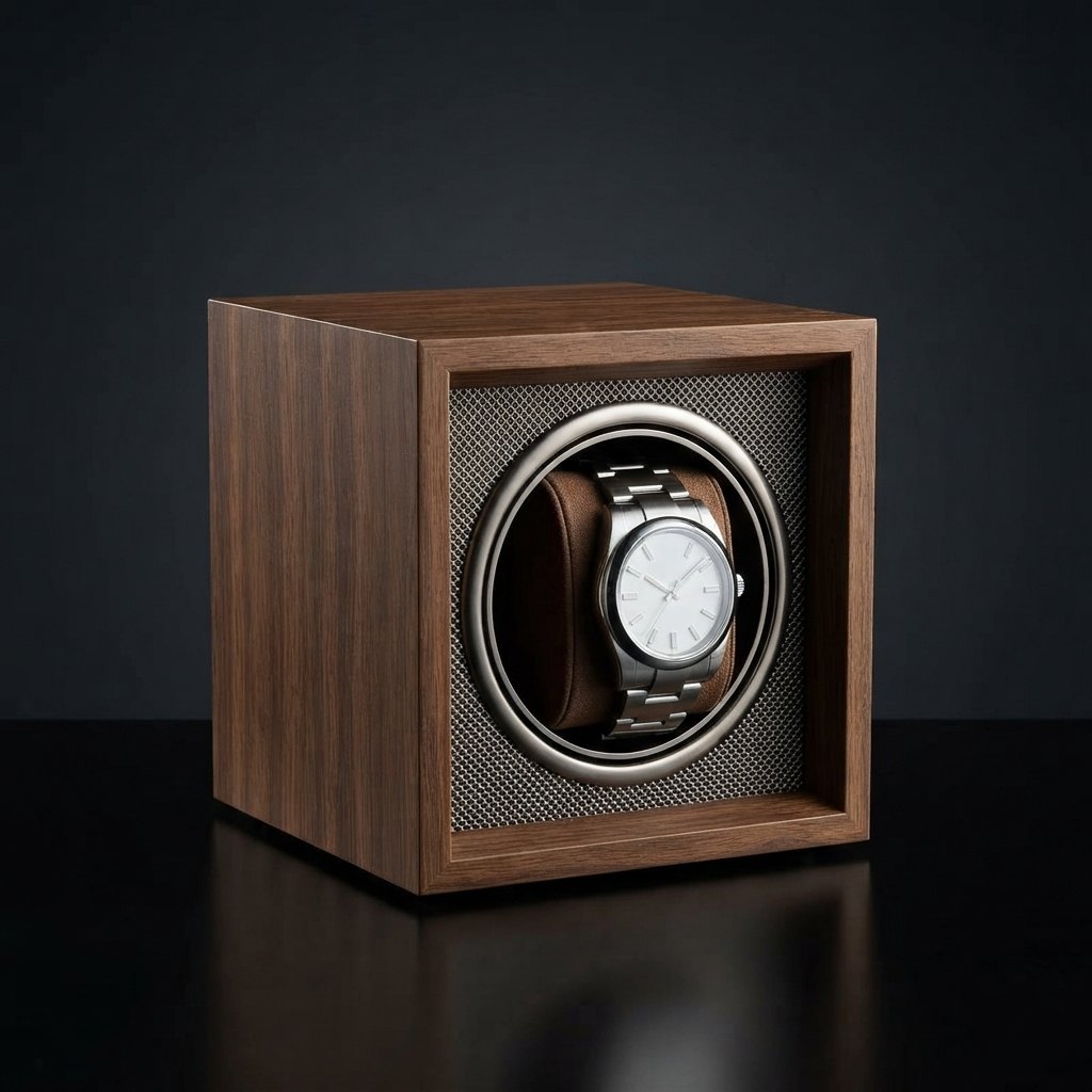 Cube noyer, intérieur grillagé, montre installée, fond sombre.