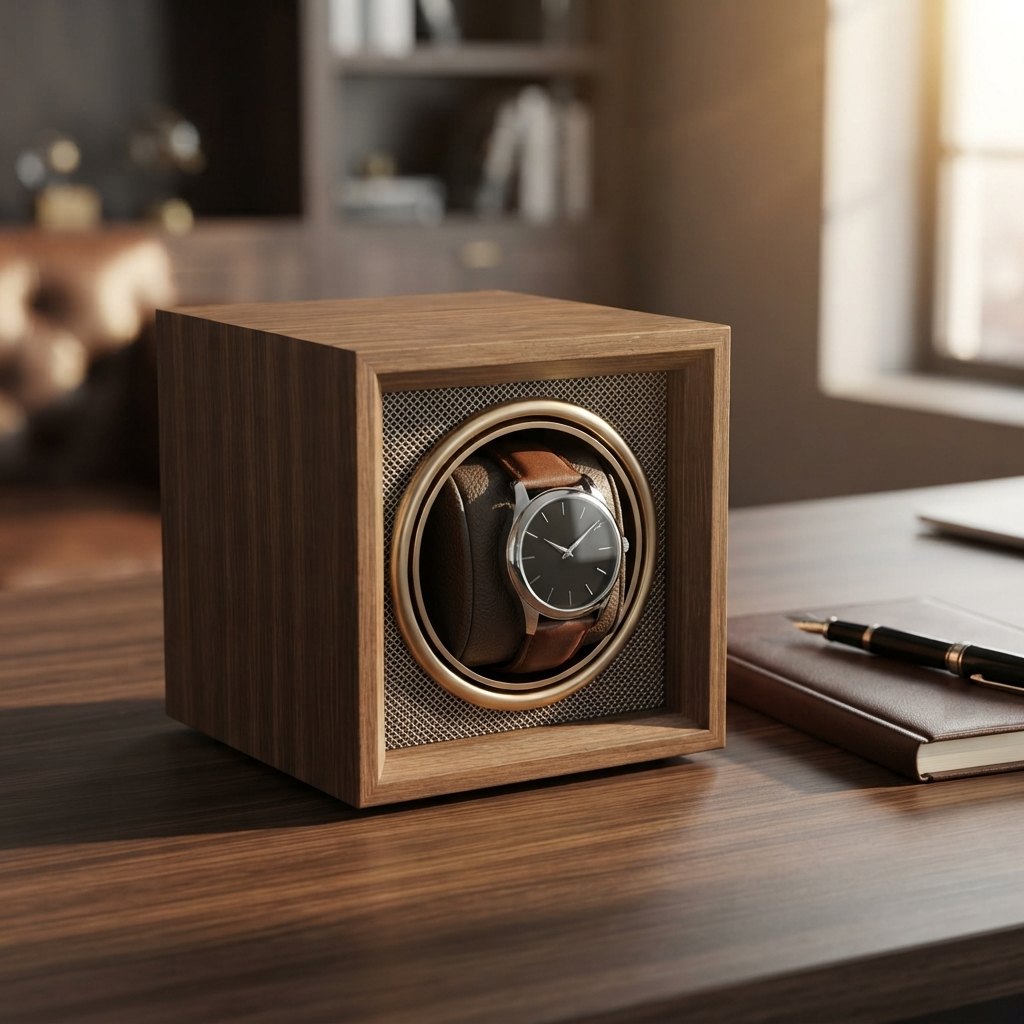 Mise en situation sur un bureau, cube noyer avec montre à bracelet cuir.