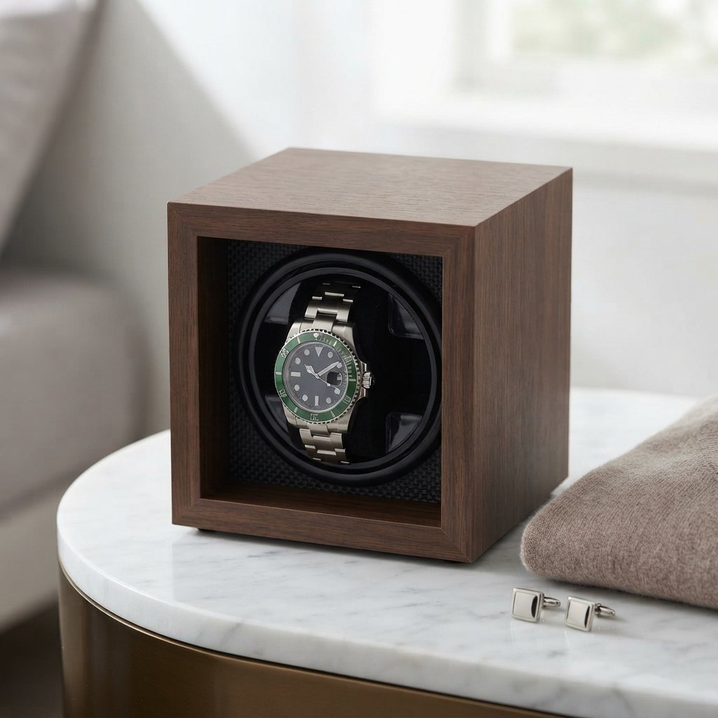 Mise en situation dans un dressing, cube grain noyer sur meuble.