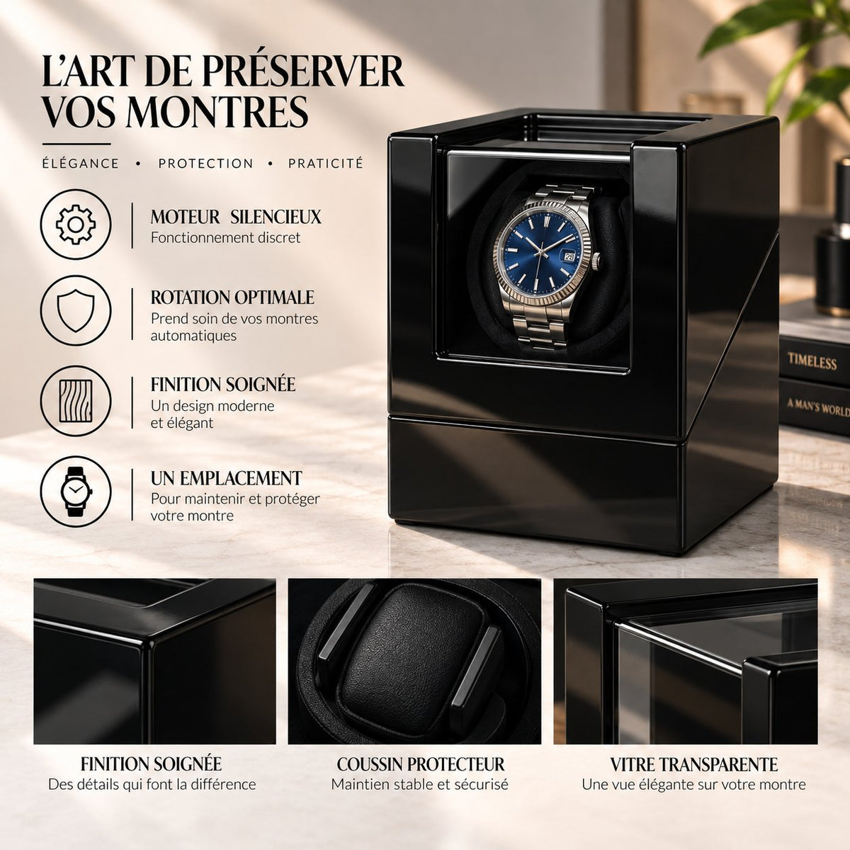 Encart caractéristiques : moteur silencieux, rotation optimale, finition soignée, un emplacement