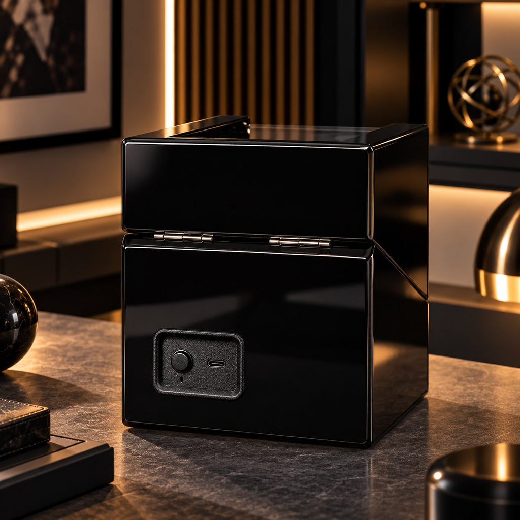 Coffret laqué noir vu de trois-quarts arrière, panneau de commande visible, ambiance chambre