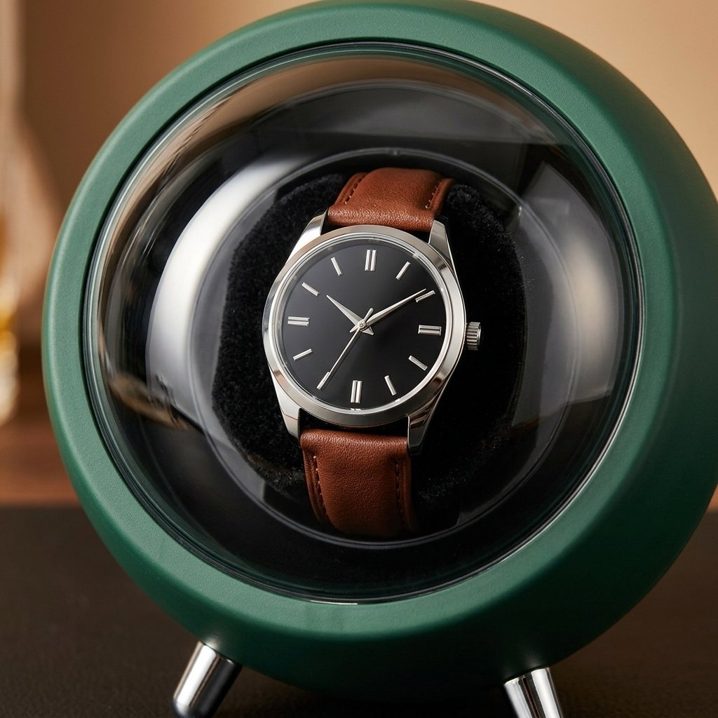 Sphère verte, montre au cadran noir et bracelet cuir marron, fond clair.