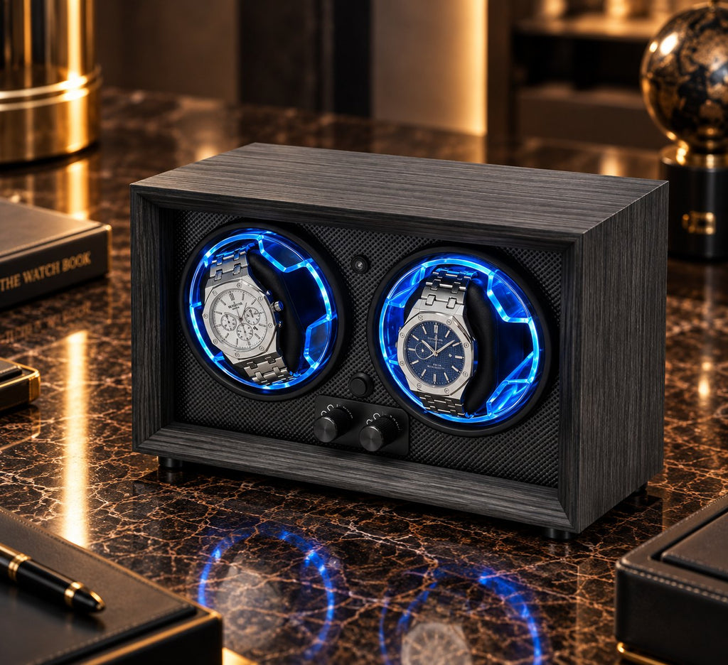 Caisson gris fumé vu de profil, deux montres dans leurs anneaux bleus
