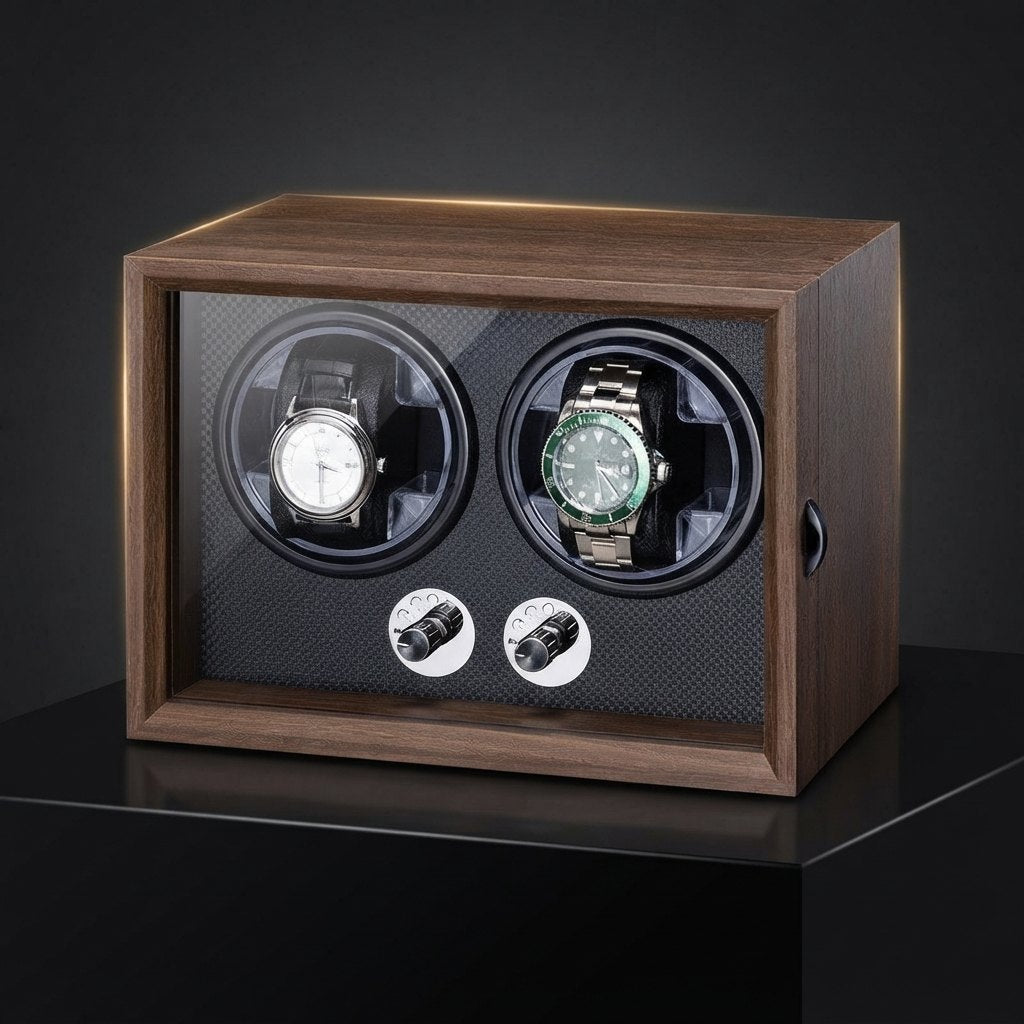 Cube grain noyer, fond sombre, montres installées dans leurs berceaux.