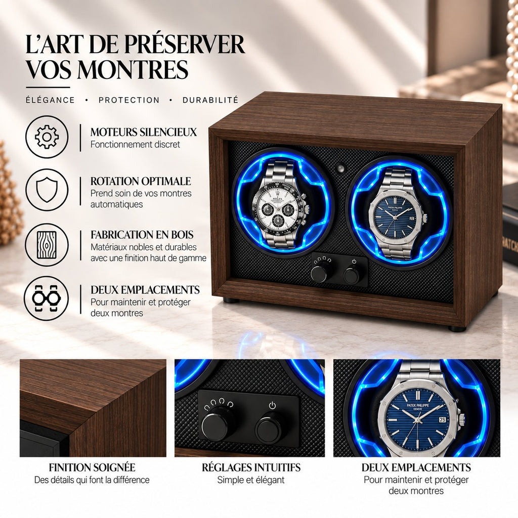 Détails en montage : coin du caisson en noyer, molette de commande, un logement éclairé avec une montre