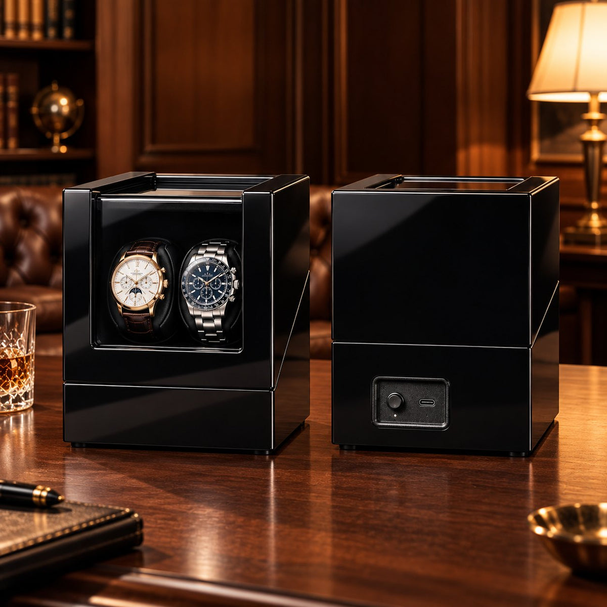 Coffret laqué noir ouvert, deux montres dont une à lunette verte, ambiance salon