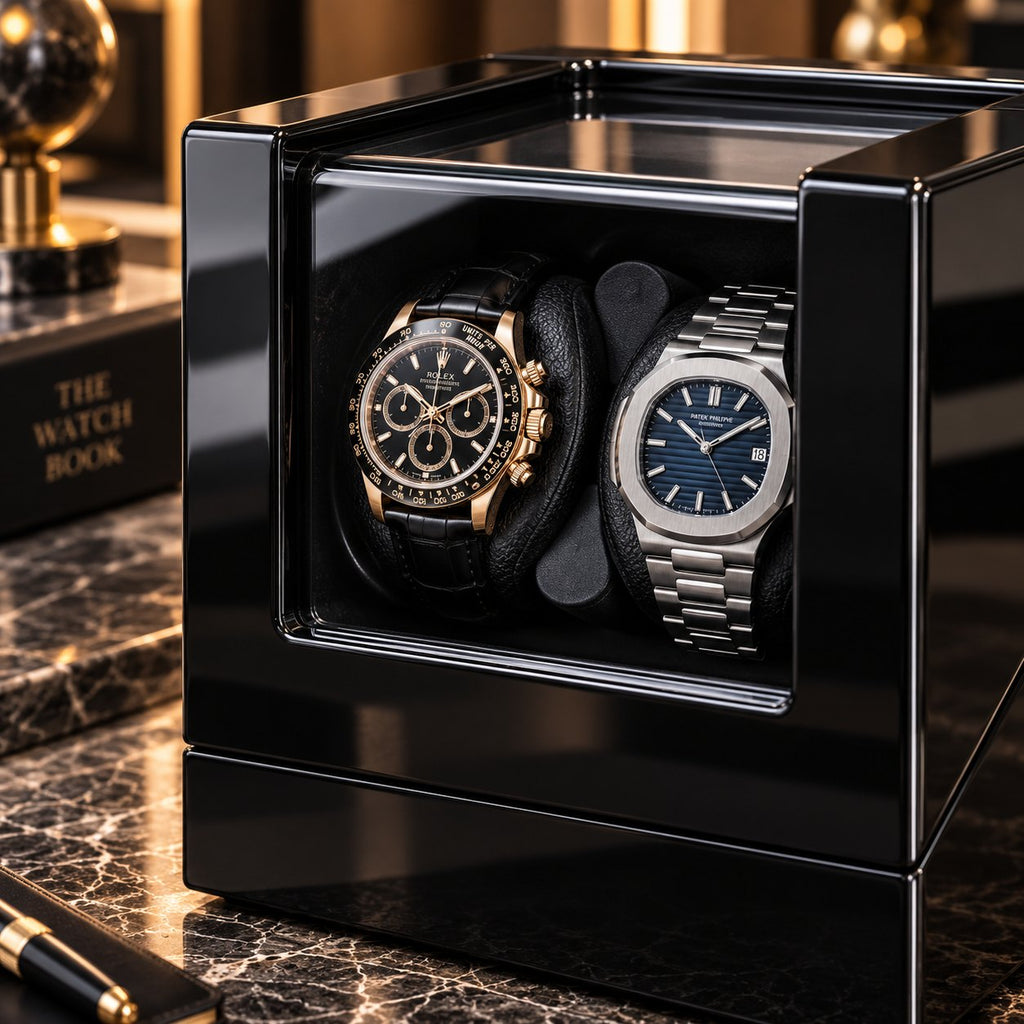 Coffret laqué noir ouvert, montre chronographe et montre bracelet cuir brun