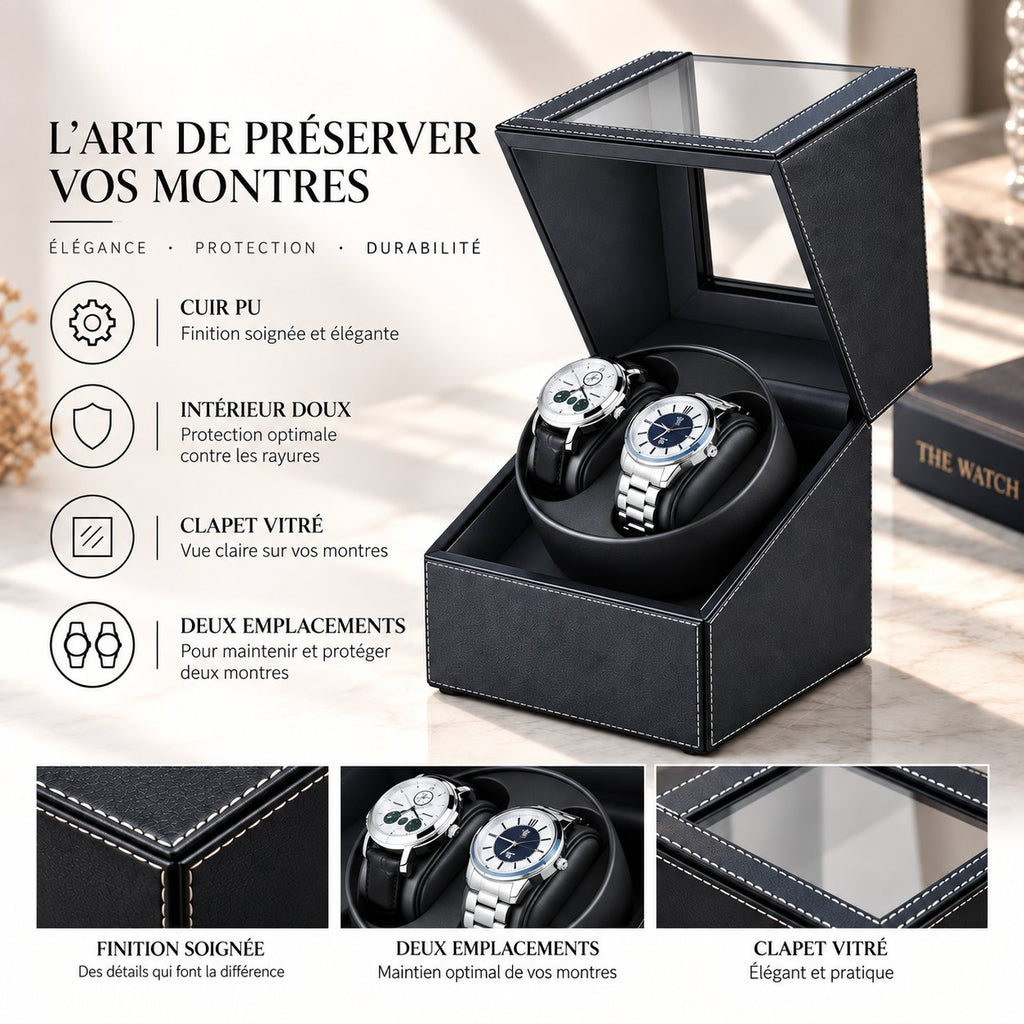 Encart caractéristiques : cuir PU, intérieur doux, clapet vitré, deux emplacements