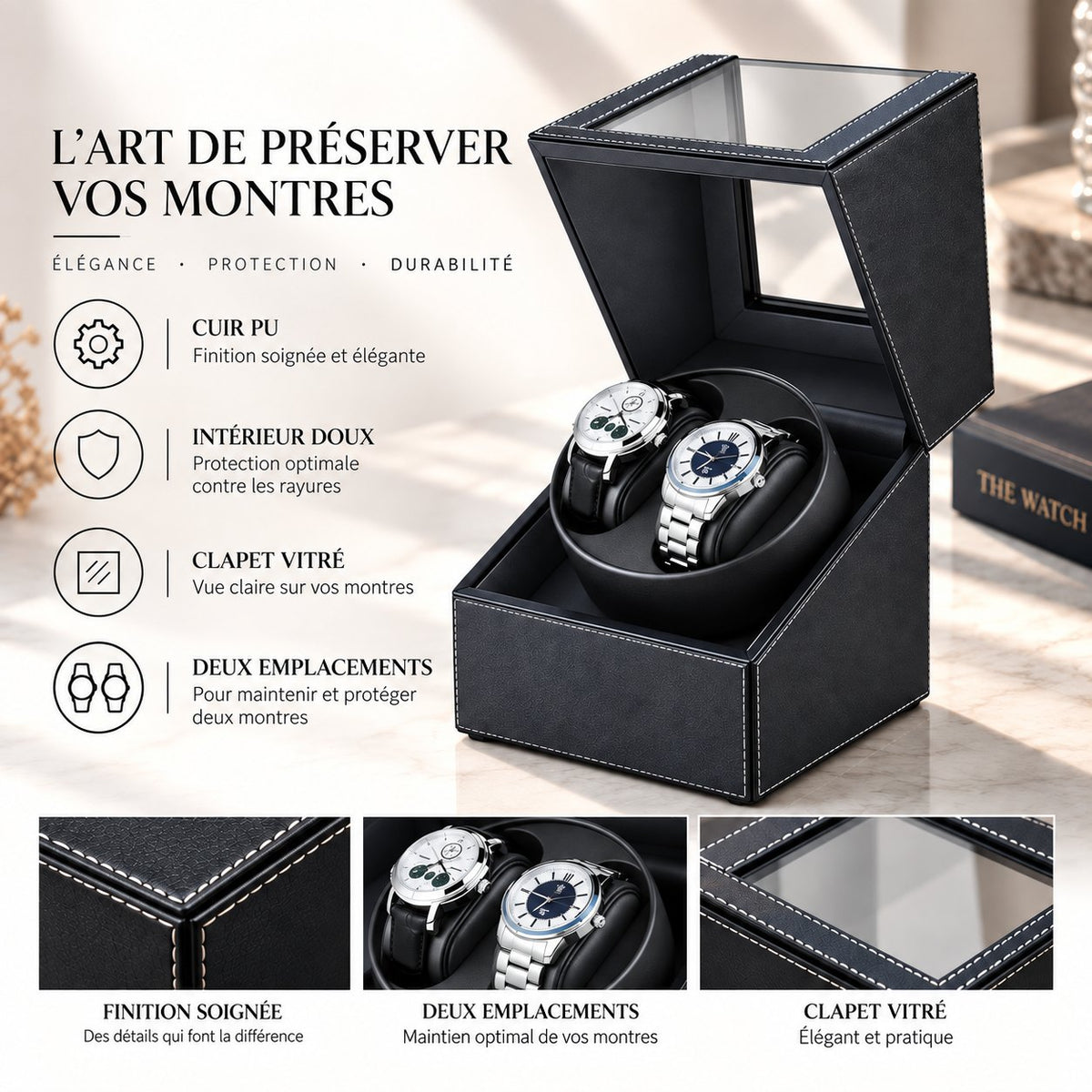 Encart caractéristiques : cuir PU, intérieur doux, clapet vitré, deux emplacements