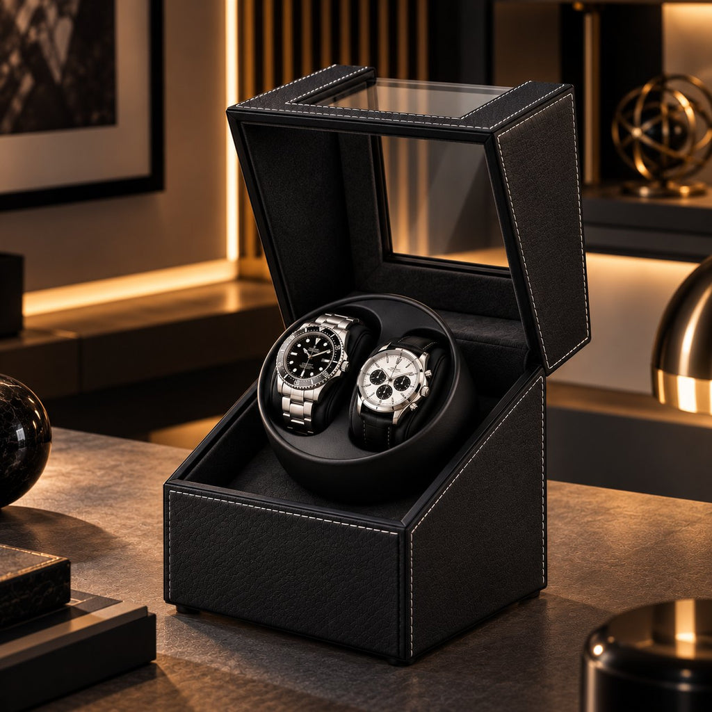 Coffret noir ouvert, deux montres, ambiance dorée