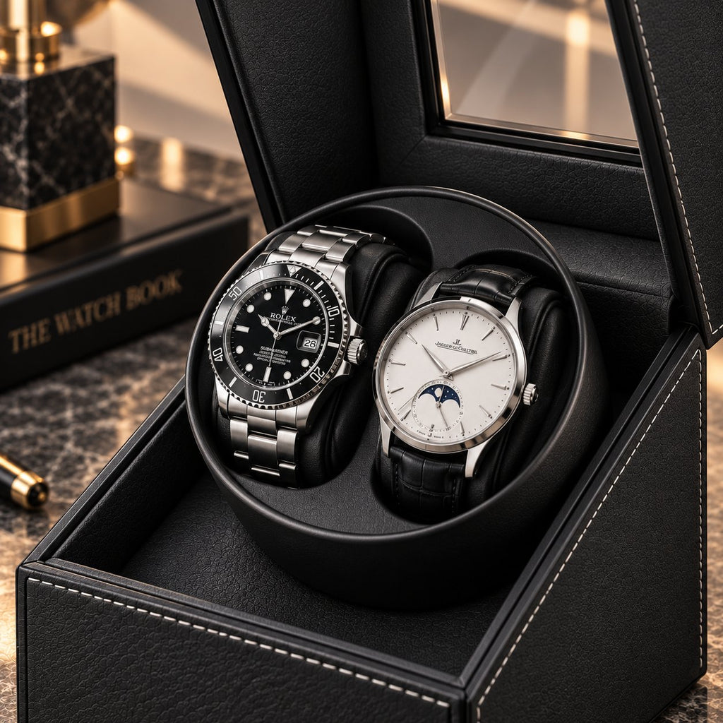 Coffret noir ouvert, montre plongeuse et montre bracelet cuir