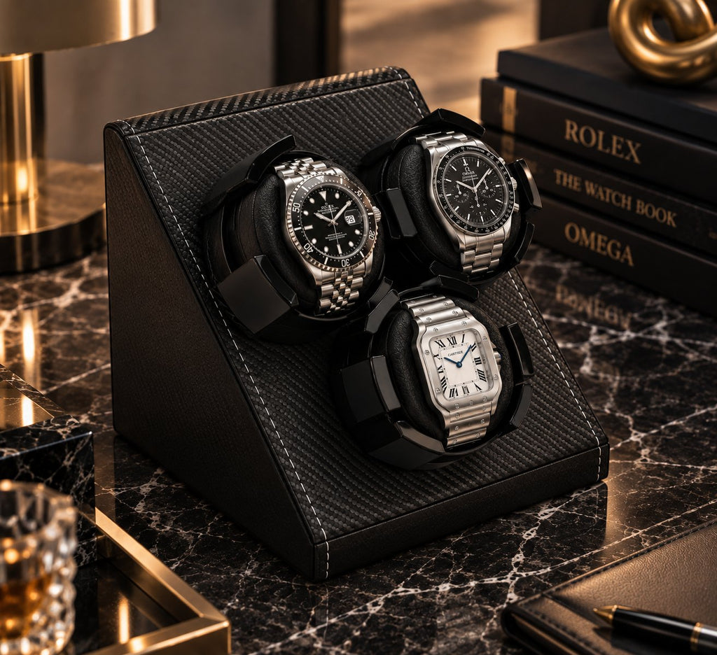 Vu de trois quarts sur un bureau en marbre, trois montres dans leurs berceaux