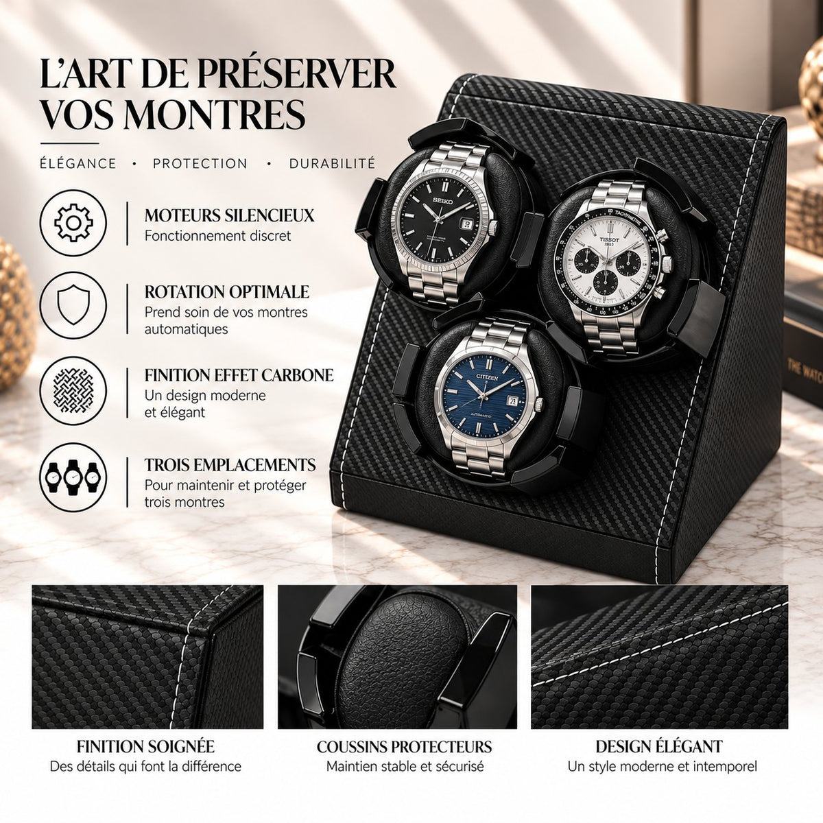 Détails en montage : coin du revêtement carbone surpiqué, coussin de berceau, point de couture