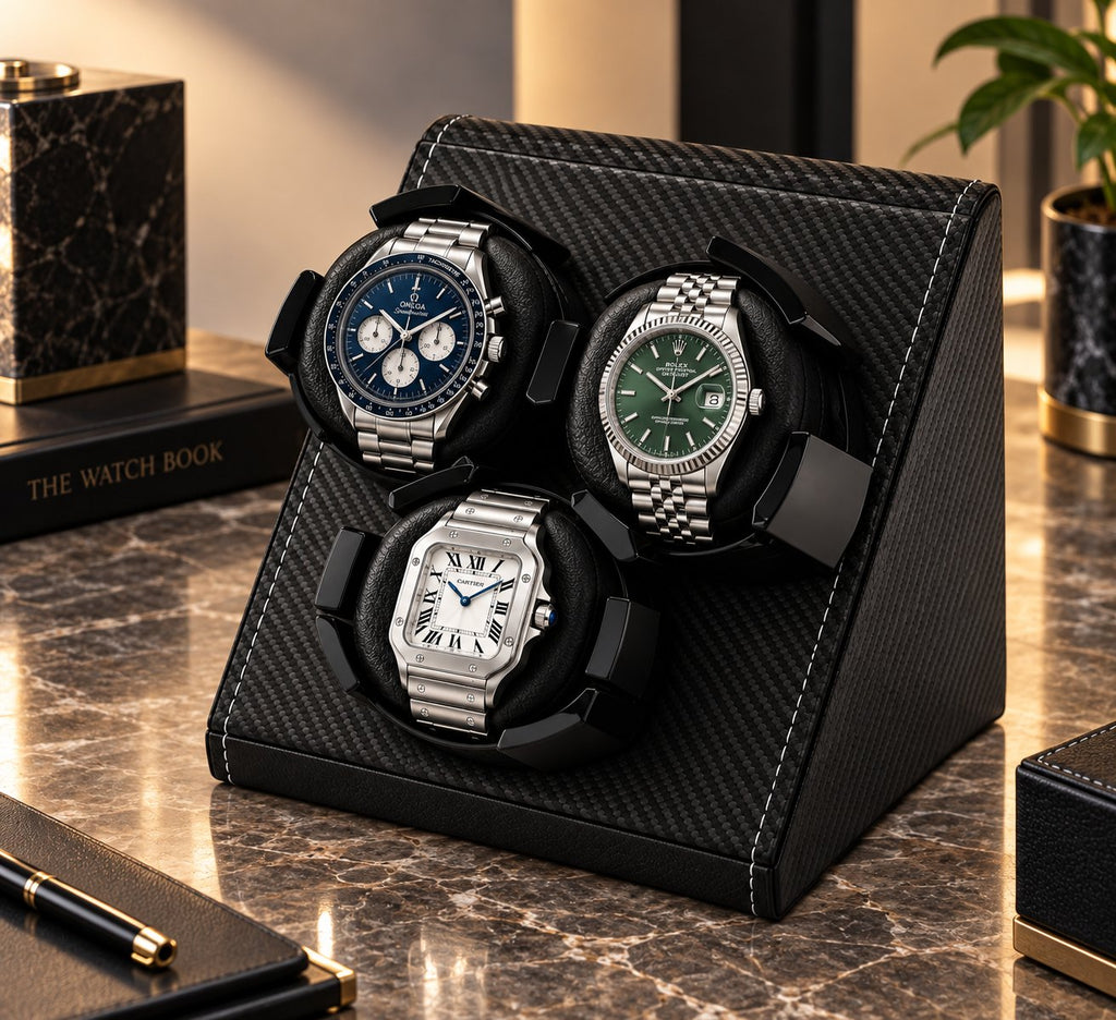 Vu de trois quarts, trois montres dans leurs berceaux sur la console carbone