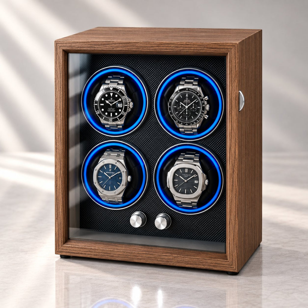 Coffret 4 montres en bois, porte vitrée fermée, commandes chromées en façade, berceaux éclairés en bleu.