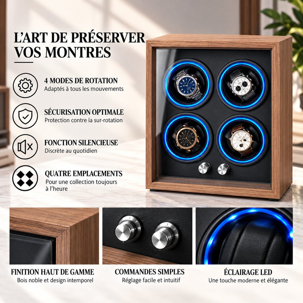 Le remontoir 4 montres en bois de face, quatre montres en place, avec ses caractéristiques : modes de rotation, fonction silencieuse, commandes et éclairage LED.