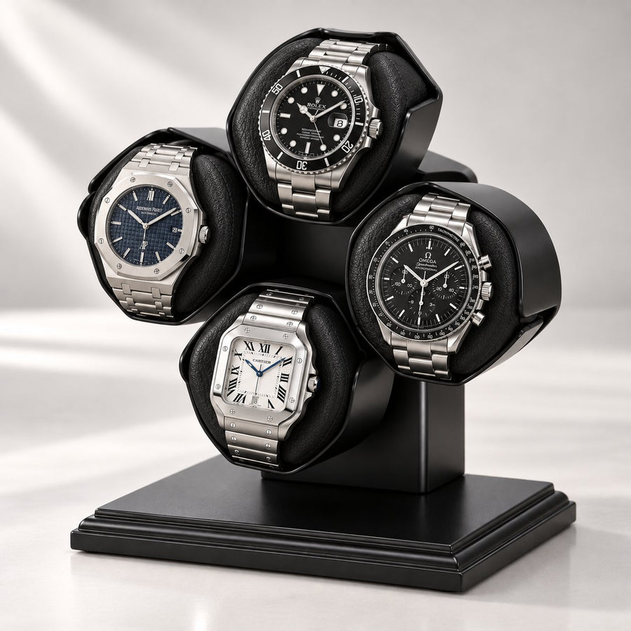 Colonne noire à quatre berceaux en trèfle, quatre montres, fond clair