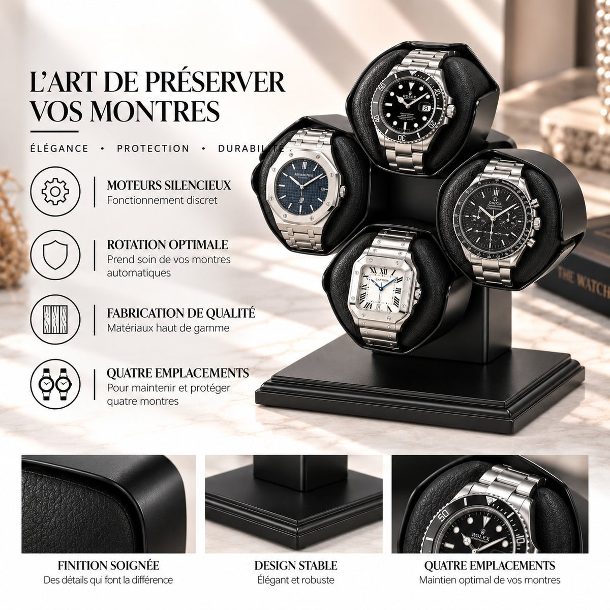 Encart caractéristiques : moteurs silencieux, rotation optimale, fabrication de qualité, quatre emplacements