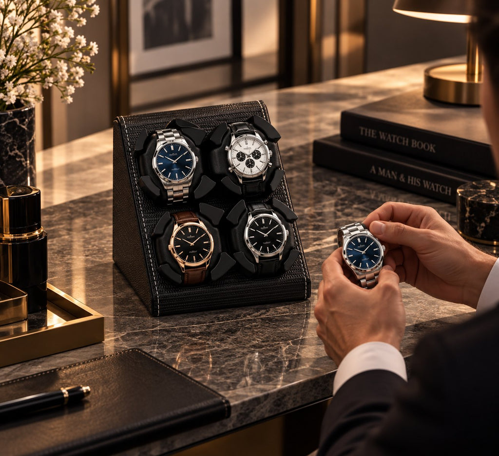 Une main ajuste une montre à côté de la console, quatre montres déjà en place