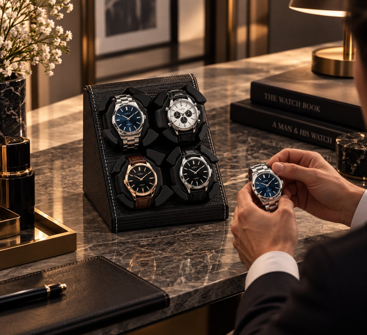 Une main ajuste une montre à côté de la console, quatre montres déjà en place